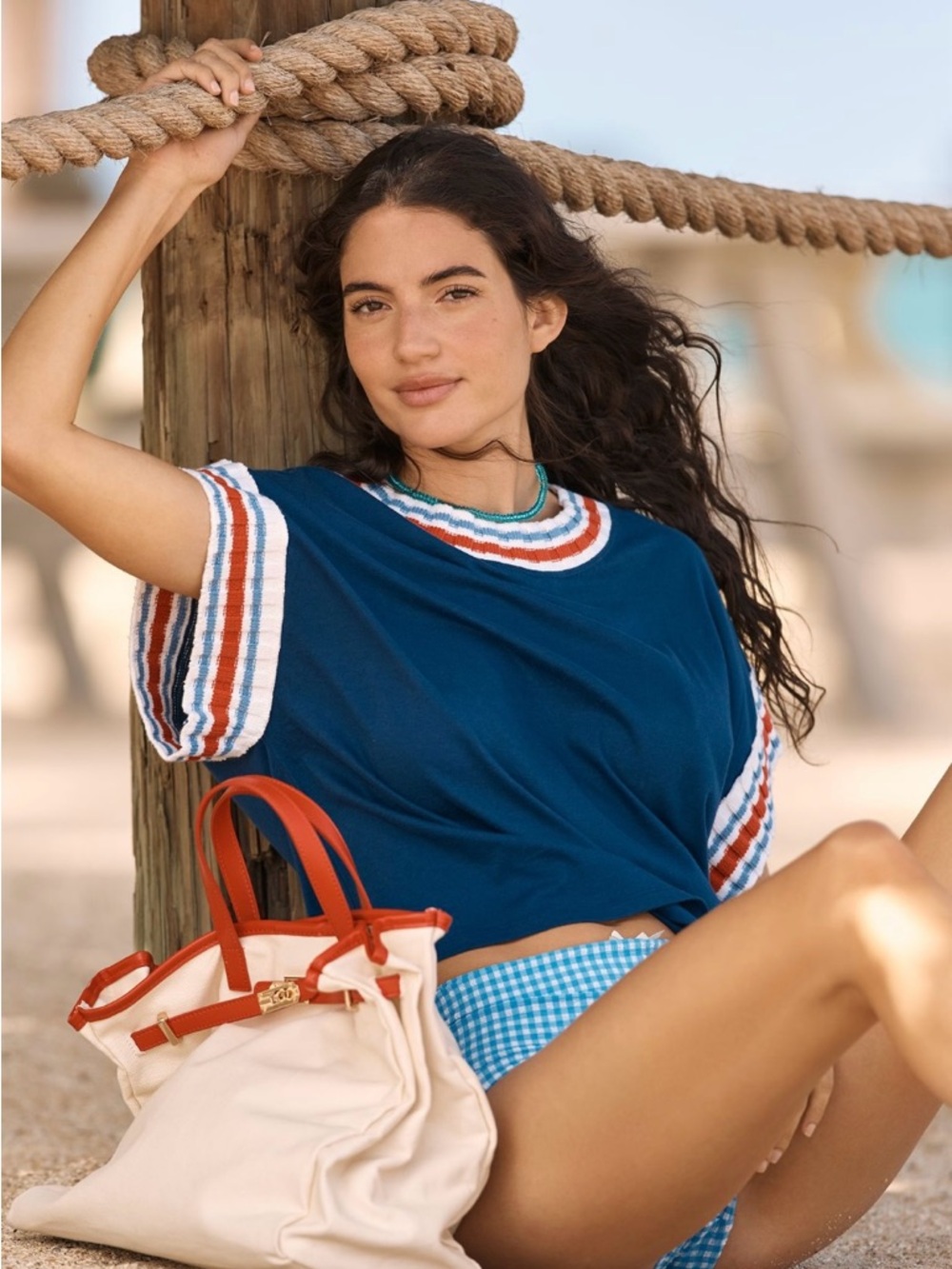 Anthropologie Navy Short Sleeve Tee with Red and White Striped Trim